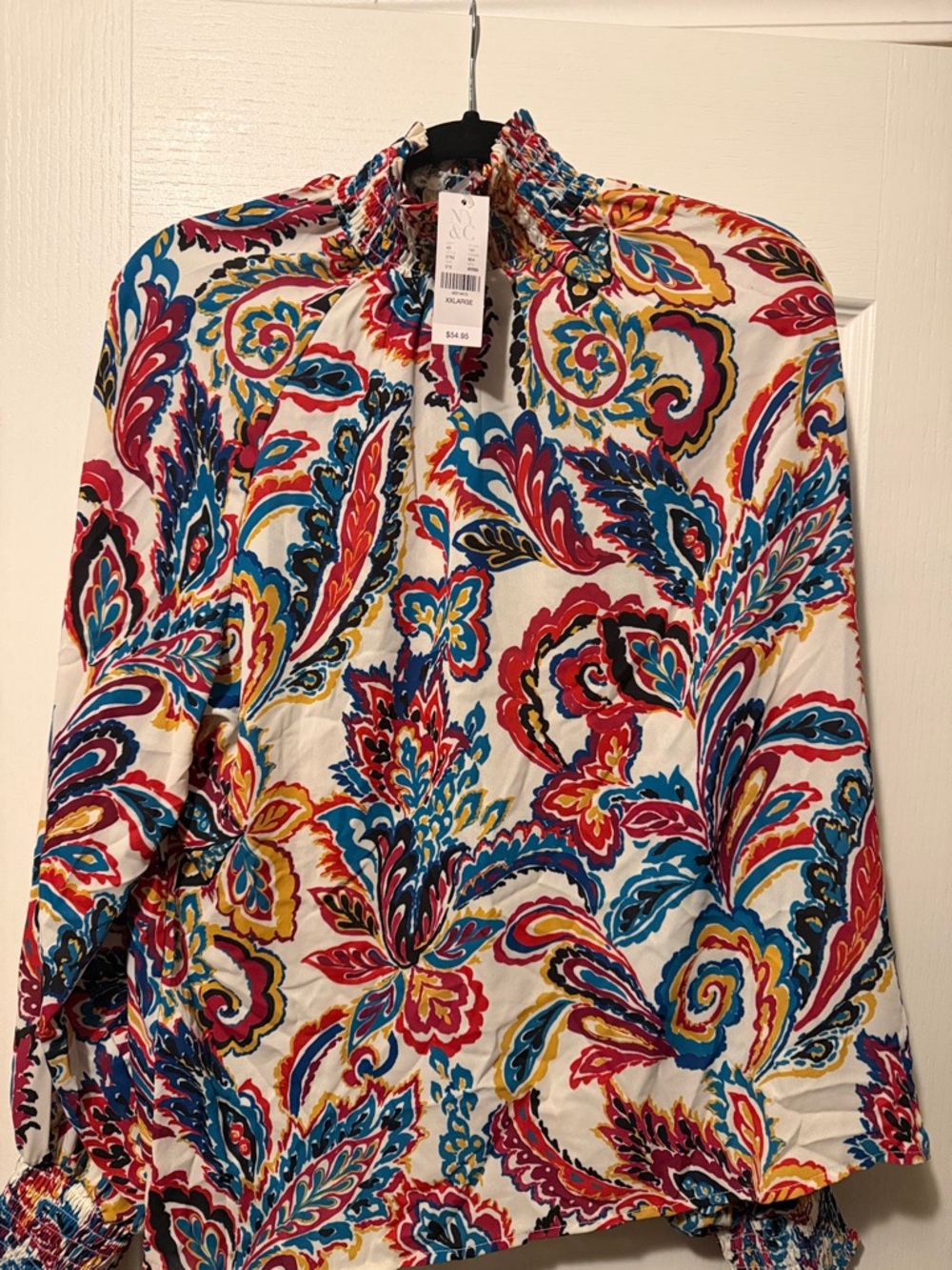 New York & Company Multicolor Paisley Smocked-Neck Blouse